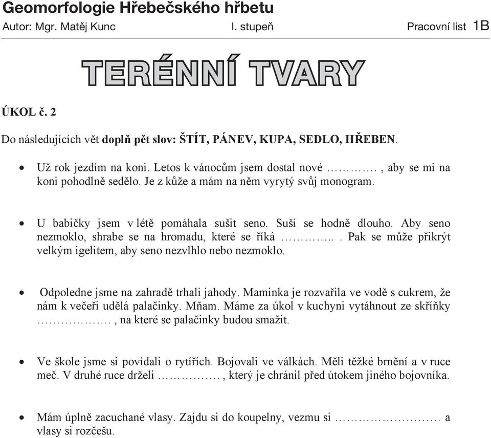 Terénní tvary. Geomorfologie Hřebečského hřbetu PRACOVNÍ LIST - PDF Free  Download