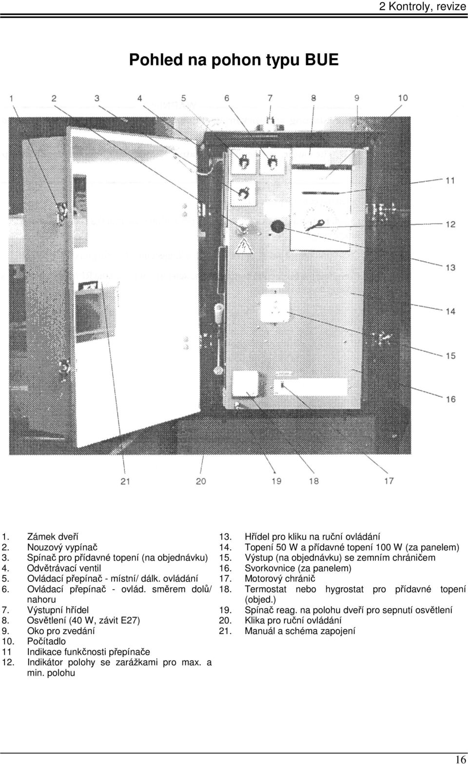 Motorový chránič 6. Ovládací přepínač - ovlád. směrem dolů/ 18. Termostat nebo hygrostat pro přídavné topení nahoru (objed.) 7. Výstupní hřídel 19. Spínač reag.