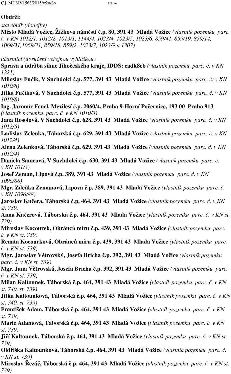 v KN 1012/1, 1012/2, 1013/1, 1144/4, 1023/4, 1023/5, 1023/6, 859/41, 859/19, 859/14, 1069/31,1069/31, 859/18, 859/2, 1023/7, 1023/9 a 1307) účastníci (doručení veřejnou vyhláškou) Správa a údržba