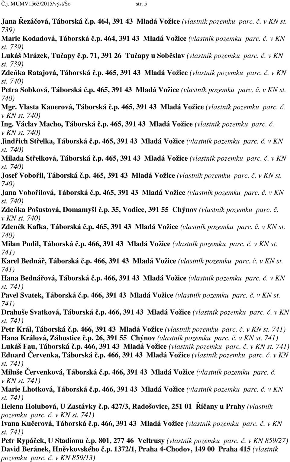 Vlasta Kauerová, Táborská č.p. 465, 391 43 Mladá Vožice (vlastník pozemku parc. č. v KN st. 740) Ing. Václav Macho, Táborská č.p. 465, 391 43 Mladá Vožice (vlastník pozemku parc. č. v KN st. 740) Jindřich Střelka, Táborská č.