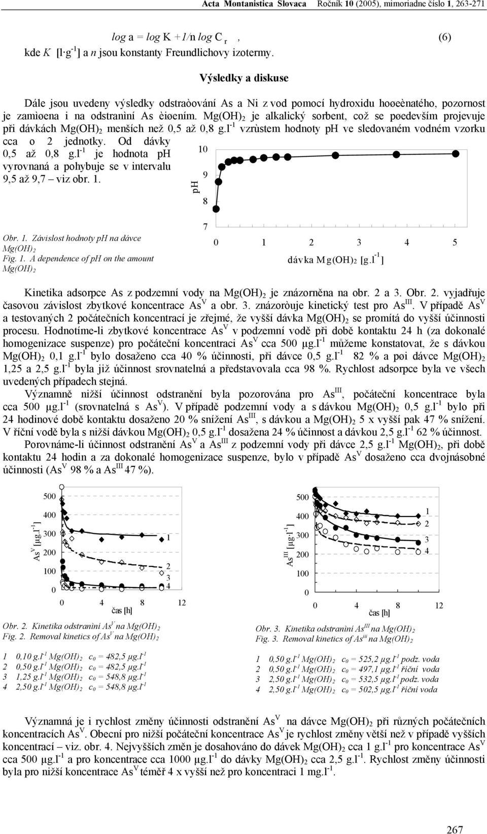 Mg(OH) 2 je alkalický sorbent, což se pøedevší projevuje při dávkách Mg(OH) 2 enších než,5 až,8 g.l -1 vzrùste hodnoty ph ve sledované vodné vzorku cca o 2 jednotky. Od dávky,5 až,8 g.