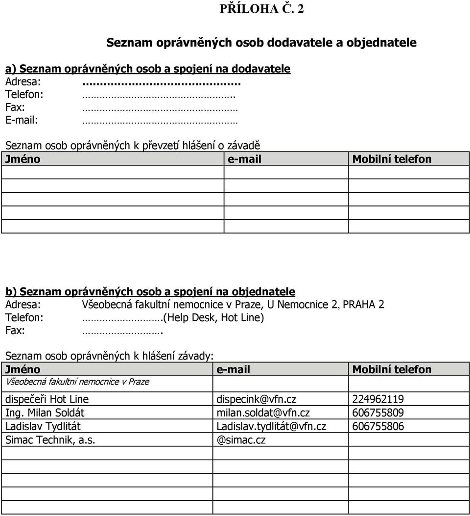 fakultní nemocnice v Praze, U Nemocnice 2, PRAHA 2 Telefon:.(Help Desk, Hot Line) Fax:.