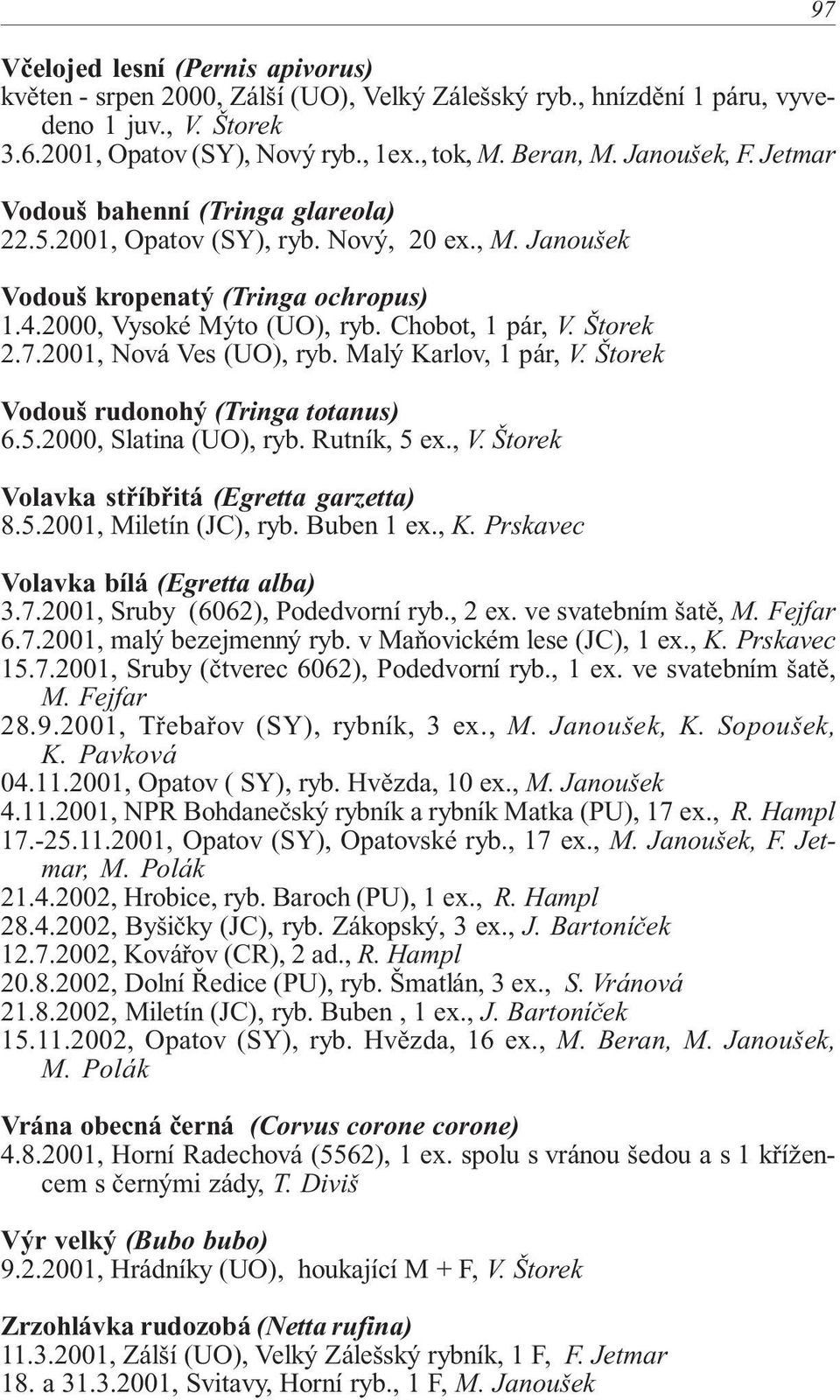 2001, Nová Ves (UO), ryb. Malý Karlov, 1 pár, V. Štorek Vodouš rudonohý (Tringa totanus) 6.5.2000, Slatina (UO), ryb. Rutník, 5 ex., V. Štorek Volavka stříbřitá (Egretta garzetta) 8.5.2001, Miletín (JC), ryb.