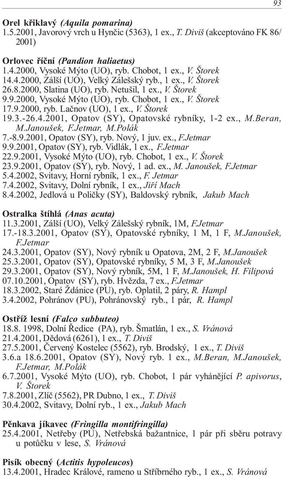 Lačnov (UO), 1 ex., V. Štorek 19.3. 26.4.2001, Opatov (SY), Opatovské rybníky, 1 2 ex., M.Beran, M.Janoušek, F.Jetmar, M.Polák 7. 8.9.2001, Opatov (SY), ryb. Nový, 1 juv. ex., F.Jetmar 9.9.2001, Opatov (SY), ryb. Vidlák, 1 ex.