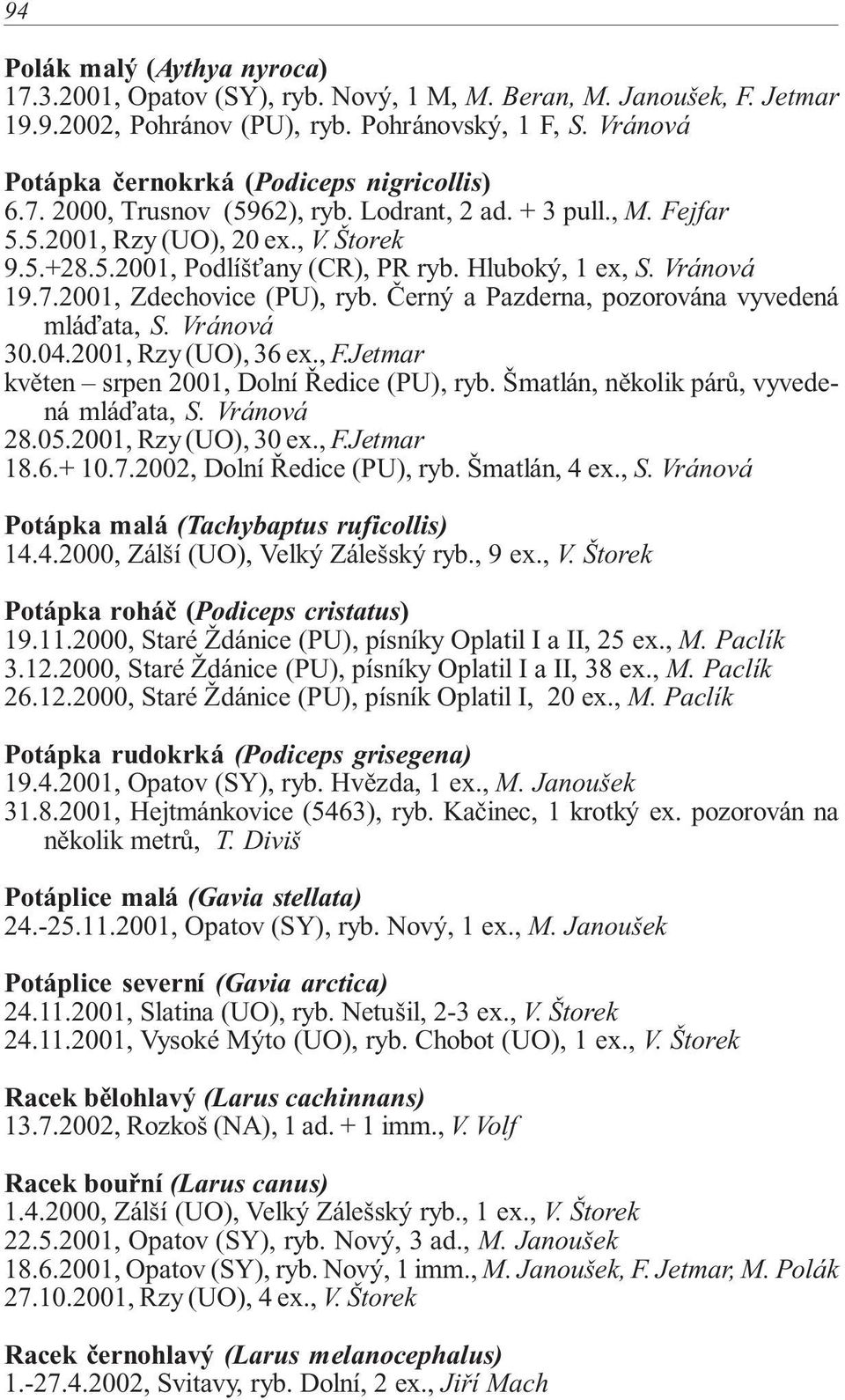 Hluboký, 1 ex, S. Vránová 19.7.2001, Zdechovice (PU), ryb. Černý a Pazderna, pozorována vyvedená mláďata, S. Vránová 30.04.2001, Rzy(UO), 36 ex., F.Jetmar květen srpen 2001, Dolní Ředice (PU), ryb.