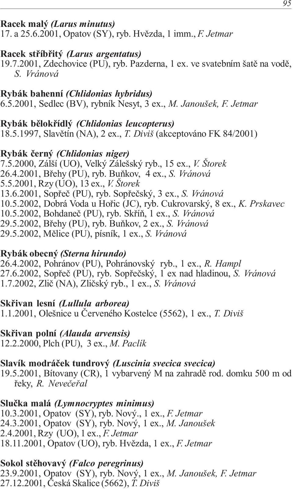 , T. Diviš (akceptováno FK 84/2001) Rybák černý (Chlidonias niger) 7.5.2000, Zálší (UO), Velký Zálešský ryb., 15 ex., V. Štorek 26.4.2001, Břehy (PU), ryb. Buňkov, 4 ex., S. Vránová 5.5.2001, Rzy (UO), 13 ex.