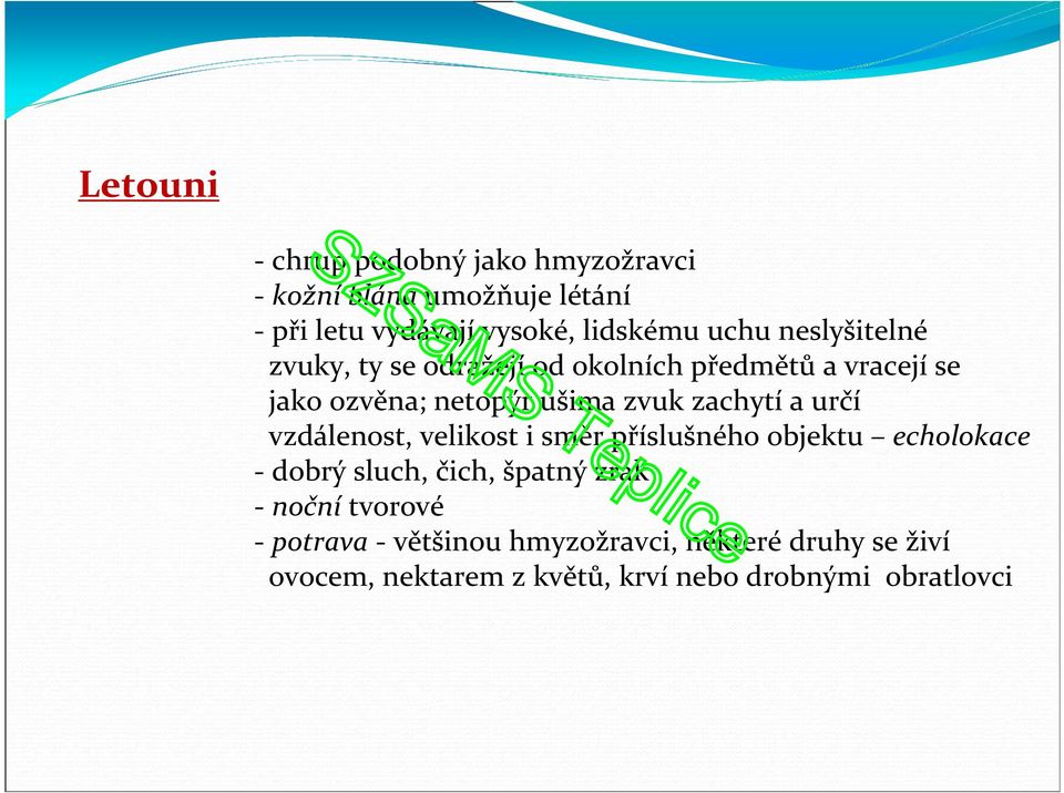 zachytí a určí vzdálenost, velikost i směr příslušného objektu echolokace - dobrý sluch, čich, špatný zrak -