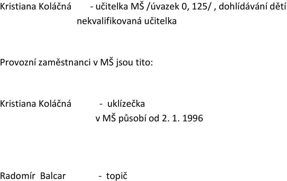 zaměstnanci v MŠ jsou tito: Kristiana Koláčná -