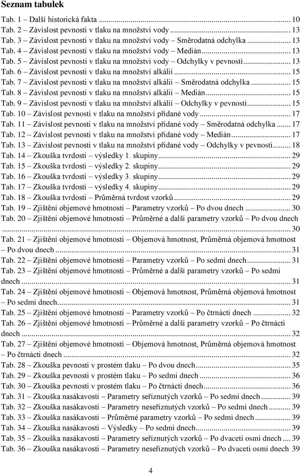 7 Závislost pevnosti v tlaku na mnoţství alkálií Směrodatná odchylka... 15 Tab. 8 Závislost pevnosti v tlaku na mnoţství alkálií Medián... 15 Tab. 9 Závislost pevnosti v tlaku na mnoţství alkálií Odchylky v pevnosti.