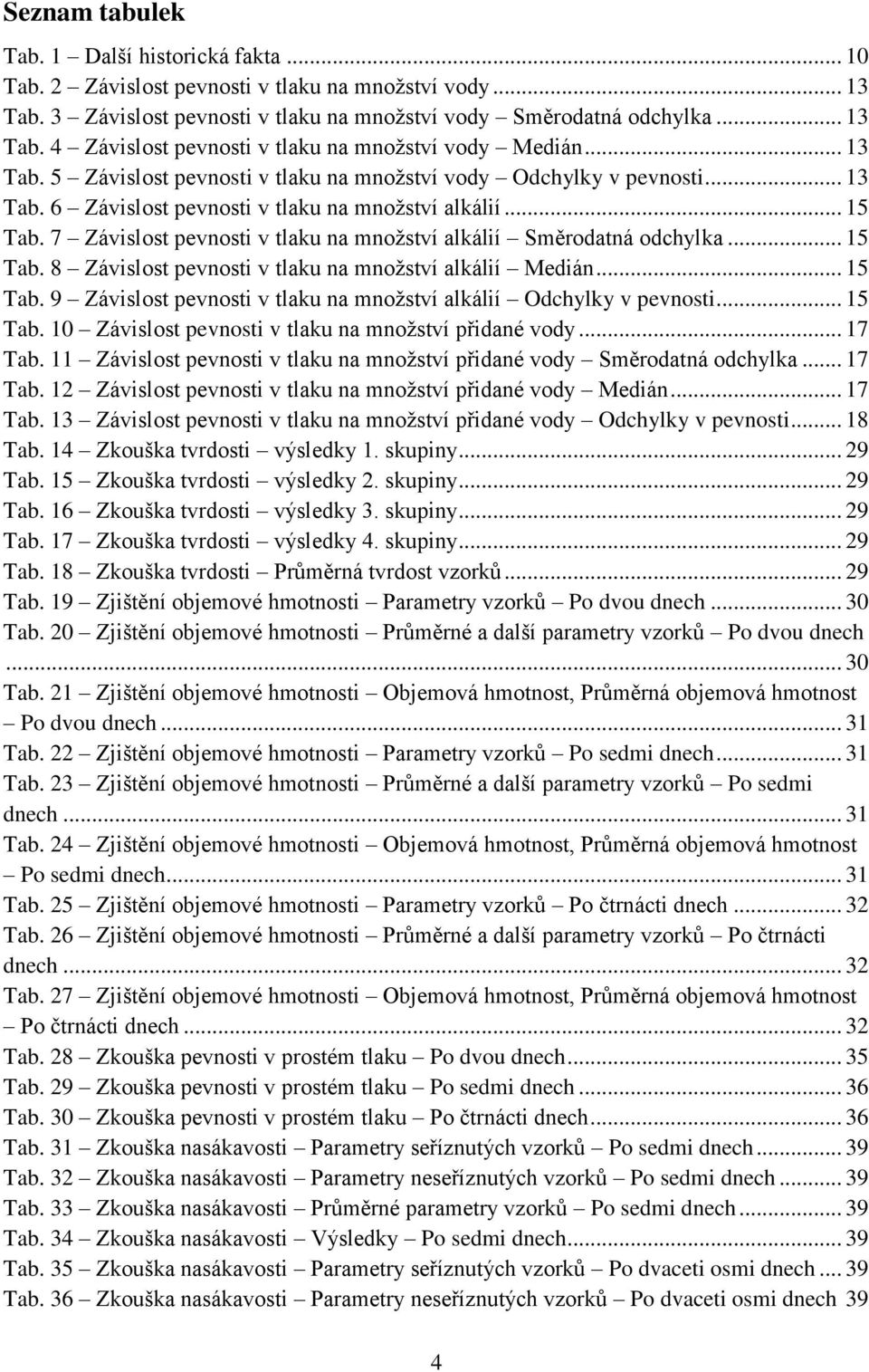 7 Závislost pevnosti v tlaku na mnoţství alkálií Směrodatná odchylka... 15 Tab. 8 Závislost pevnosti v tlaku na mnoţství alkálií Medián... 15 Tab. 9 Závislost pevnosti v tlaku na mnoţství alkálií Odchylky v pevnosti.