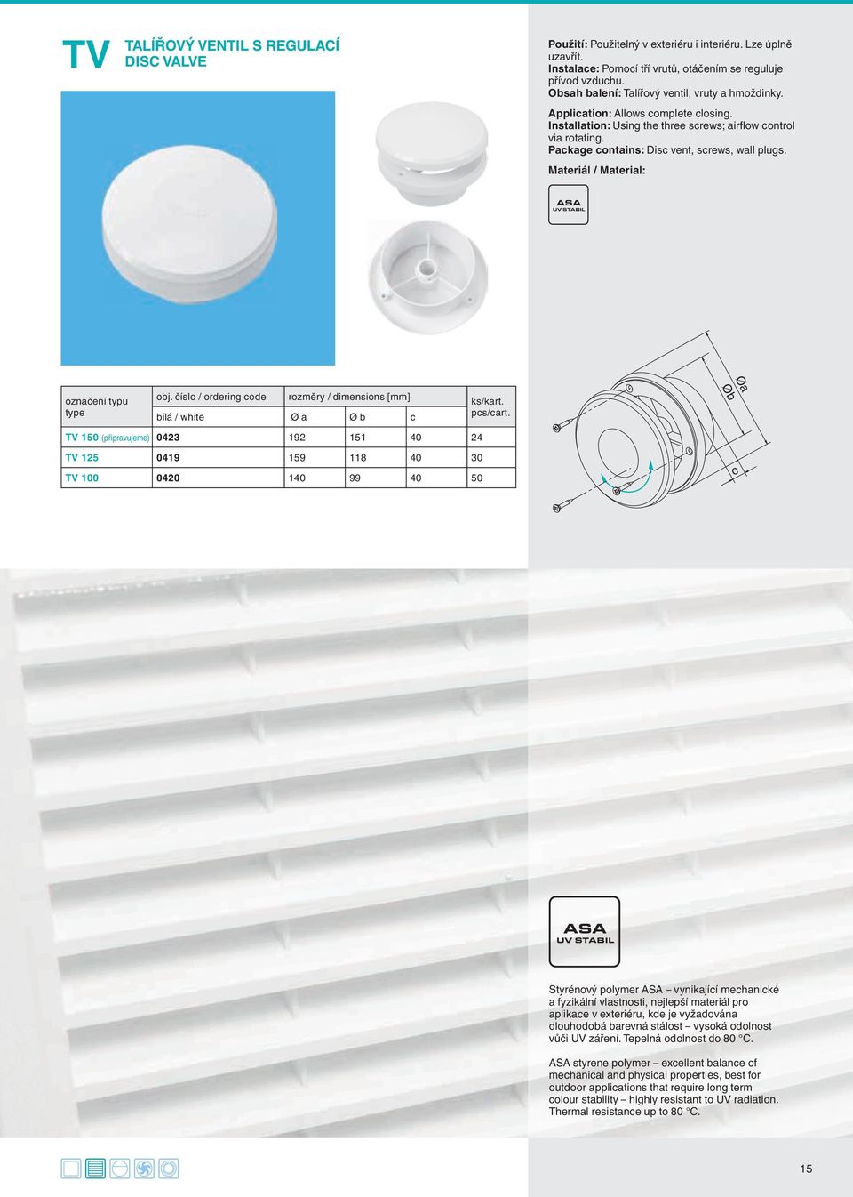 mteriál / mteril: / ordering ode rozměry / dimensions [mm] ílá / white Ø Ø Ø Ø TV 150 (připrvujeme) 0423 192 151 40 24 TV 125 0419 159 118 40 30 TV 100 0420 140 99 40 50 Styrénový polymer vynikjíí