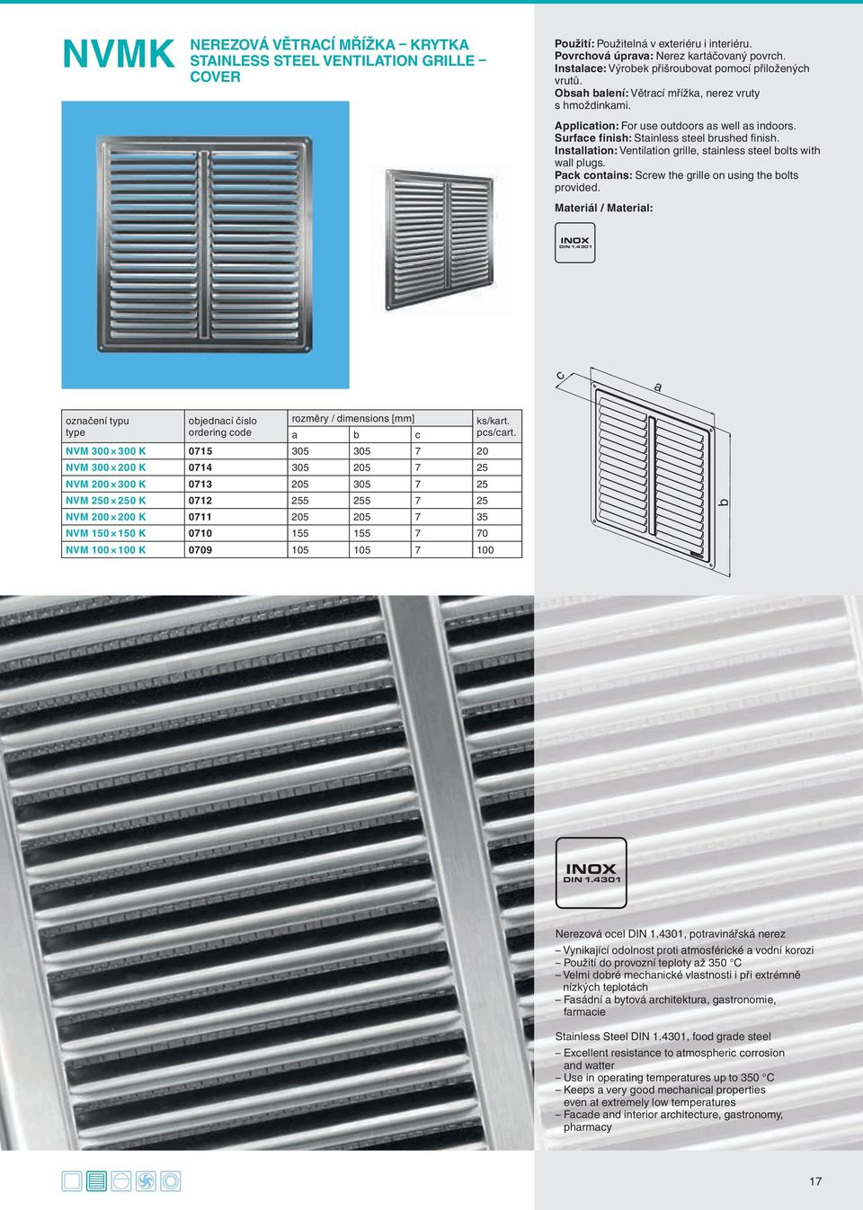 Instlltion: Ventiltion grille, stinless steel olts with wll plugs. Pk ontins: Srew the grille on using the olts provided. mteriál / mteril: INOX DIN 1.