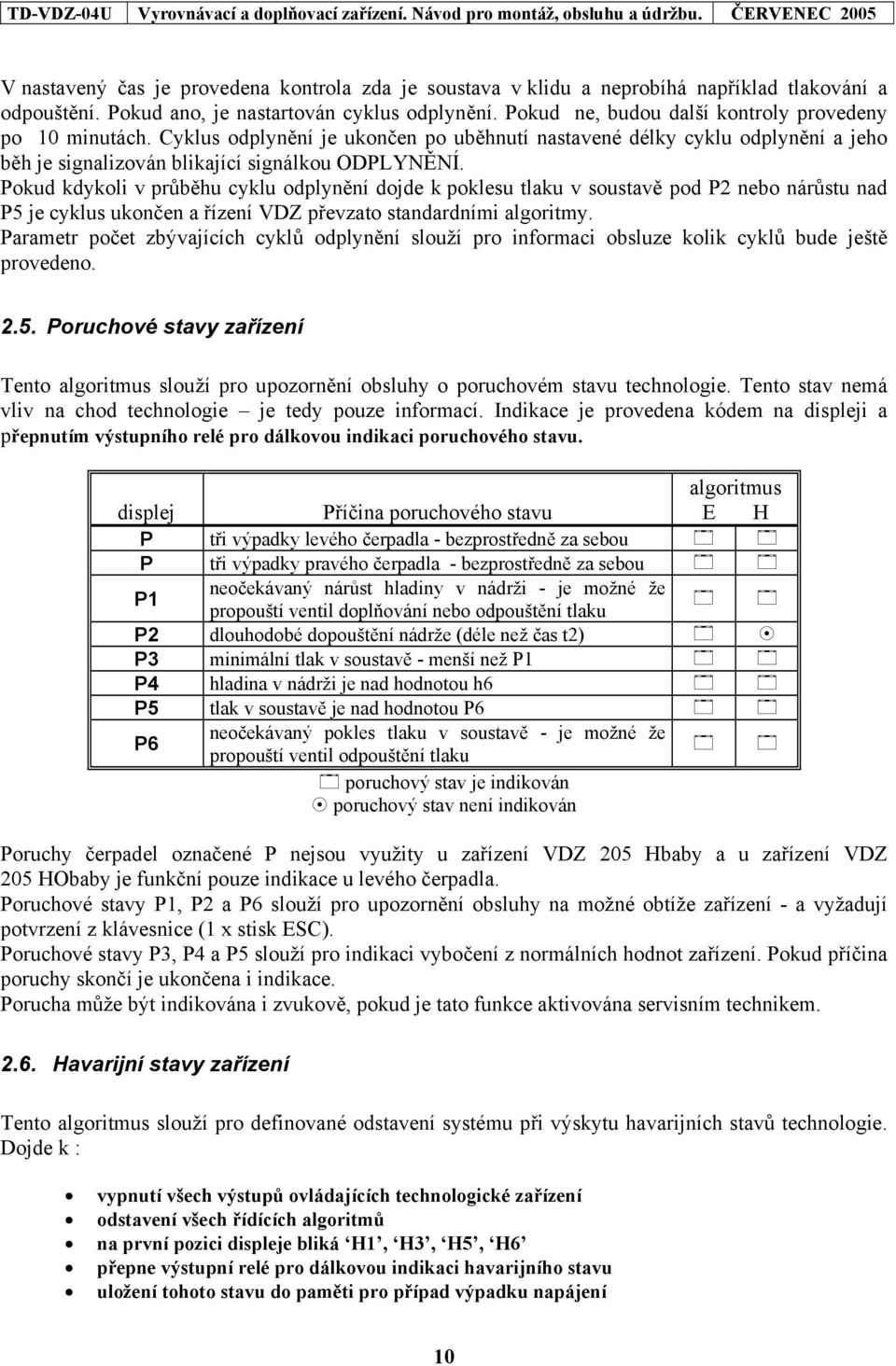 Pokud kdykoli v průběhu cyklu odplynění dojde k poklesu tlaku v soustavě pod P2 nebo nárůstu nad P5 je cyklus ukončen a řízení VDZ převzato standardními algoritmy.