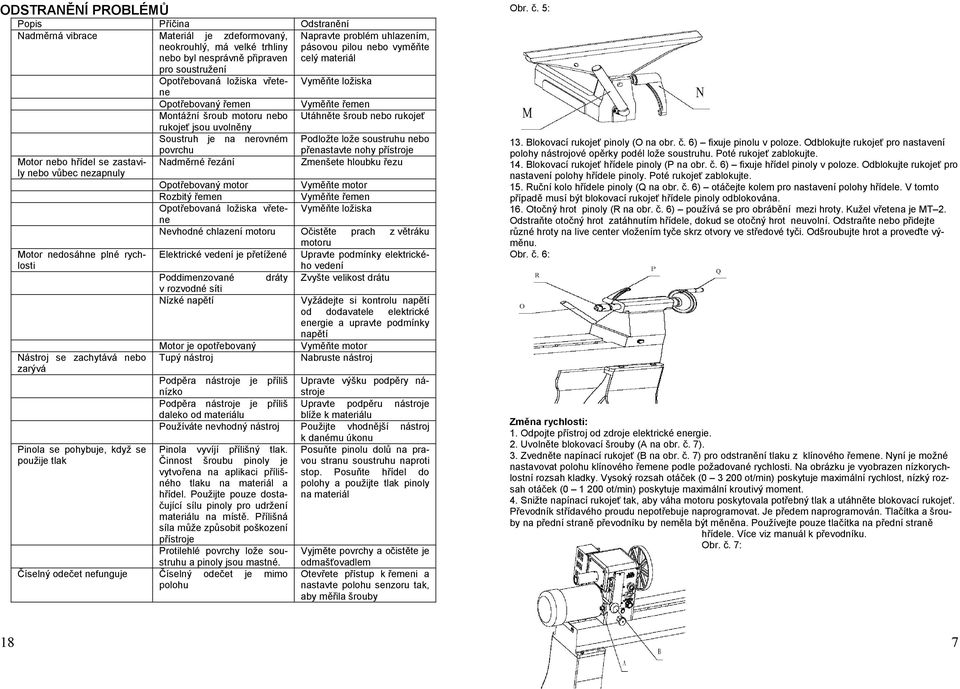 Soustruh je na nerovném Podložte lože soustruhu nebo Motor nebo hřídel se zastavily nebo vůbec nezapnuly Motor nedosáhne plné rychlosti Nástroj se zachytává nebo zarývá Pinola se pohybuje, když se