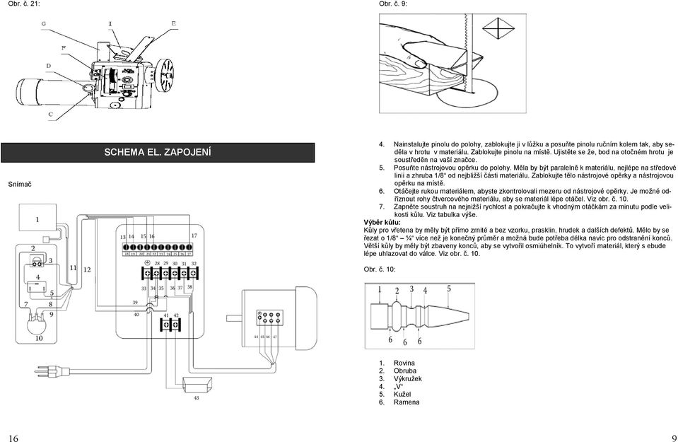 Měla by být paralelně k materiálu, nejlépe na středové linii a zhruba 1/8 od nejbližší části materiálu. Zablokujte tělo nástrojové opěrky a nástrojovou opěrku na místě. 6.