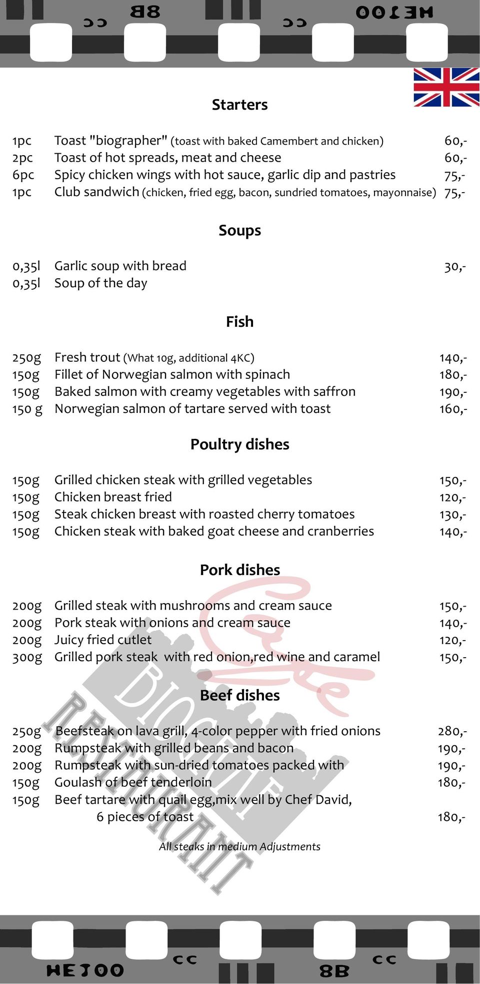 Fillet of Norwegian salmon with spinach 180,- 150g Baked salmon with creamy vegetables with saffron 190,- 150 g Norwegian salmon of tartare served with toast 160,- Poultry dishes 150g Grilled chicken