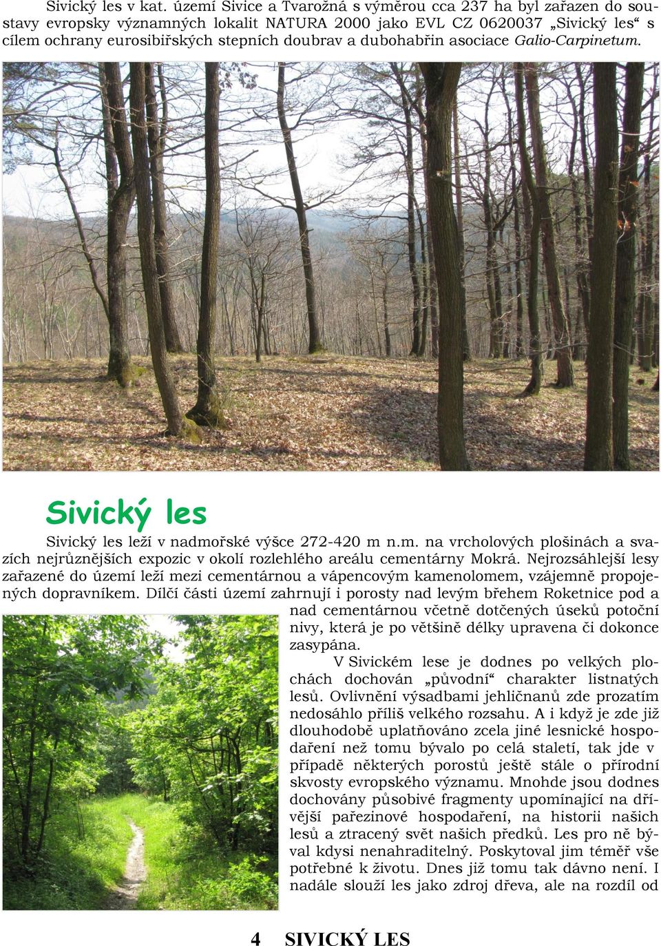 dubohabřin asociace Galio-Carpinetum. Sivický les Sivický les leţí v nadmořské výšce 272-420 m n.m. na vrcholových plošinách a svazích nejrůznějších expozic v okolí rozlehlého areálu cementárny Mokrá.