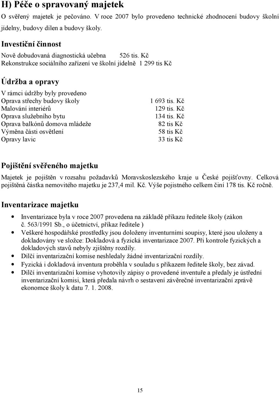 Kč Rekonstrukce sociálního zařízení ve školní jídelně 1 299 tis Kč Údržba a opravy V rámci údržby byly provedeno Oprava střechy budovy školy Malování interiérů Oprava služebního bytu Oprava balkónů