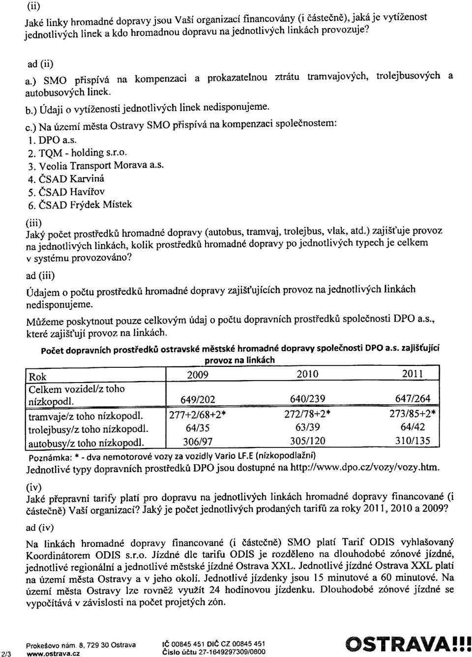 ) Na iizemi mesta Ostravy SMO pfispiva na kompenzaci spolecnostem: l.dpoa.s. 2. TQM - holding s.r.o. 3. Veolia Transport Morava a.s. 4. CSAD Karvina 5. CSAD Havifov 6.