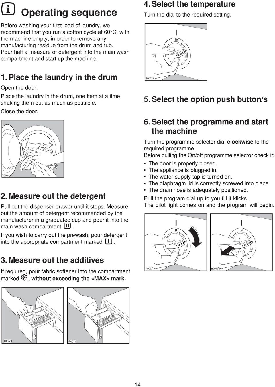 Pour half a measure of detergent into the main wash compartment and start up the machine. 80 1. Place the laundry in the drum Open the door.