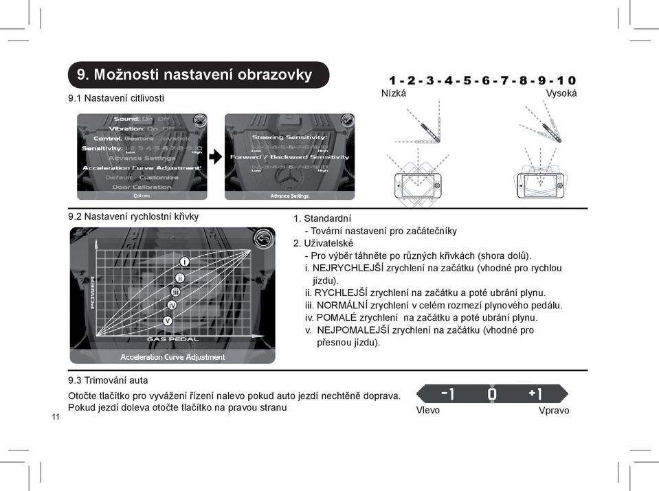RYCHLEJŠÍ zrychlení na začátku a poté ubrání plynu. iii. NORMÁLNÍ zrychlení v celém rozmezí plynového pedálu. iv. POMALÉ zrychlení na začátku a poté ubrání plynu. v. NEJPOMALEJŠÍ zrychlení na začátku (vhodné pro přesnou jízdu).