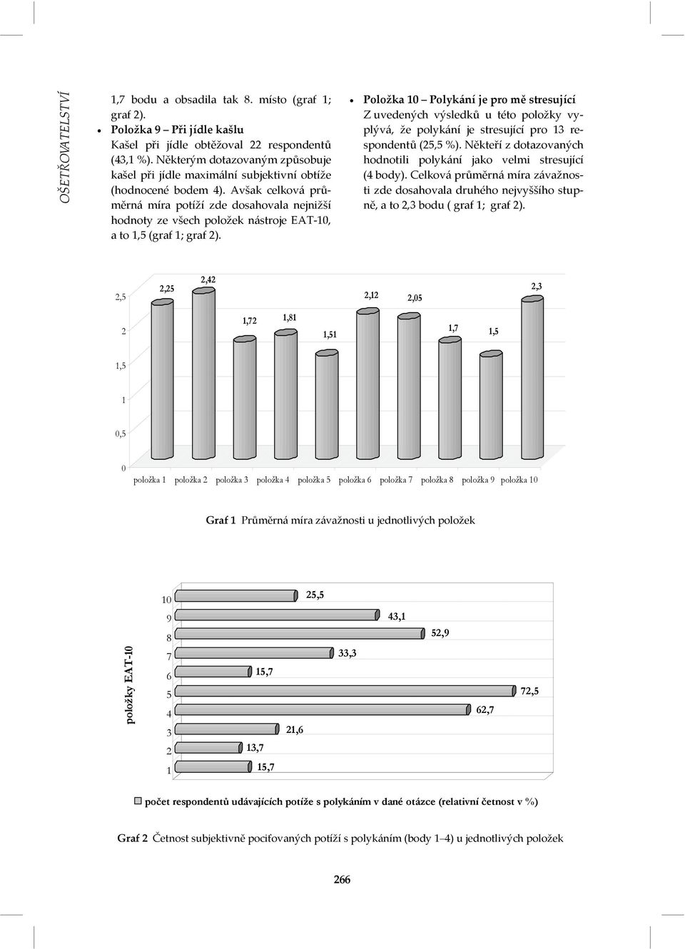 Avšak celková průměrná míra potíží zde dosahovala nejnižší hodnoty ze všech položek nástroje EAT 10, a to 1,5 (graf 1; graf 2).
