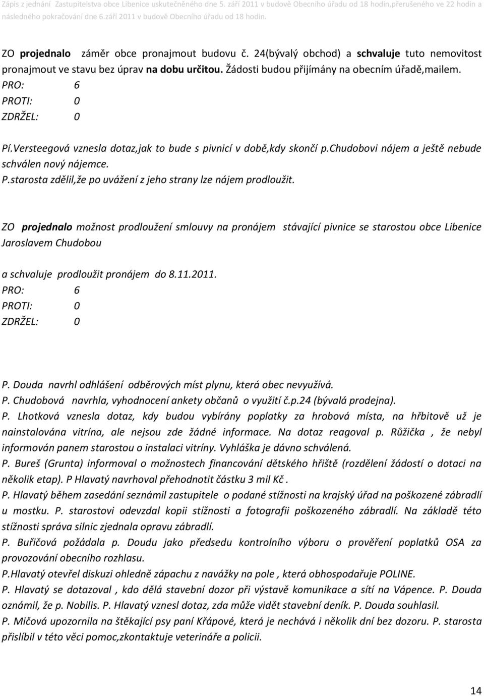 ZO projednalo možnost prodloužení smlouvy na pronájem stávající pivnice se starostou obce Libenice Jaroslavem Chudobou a schvaluje prodloužit pronájem do 8.11.2011. P.