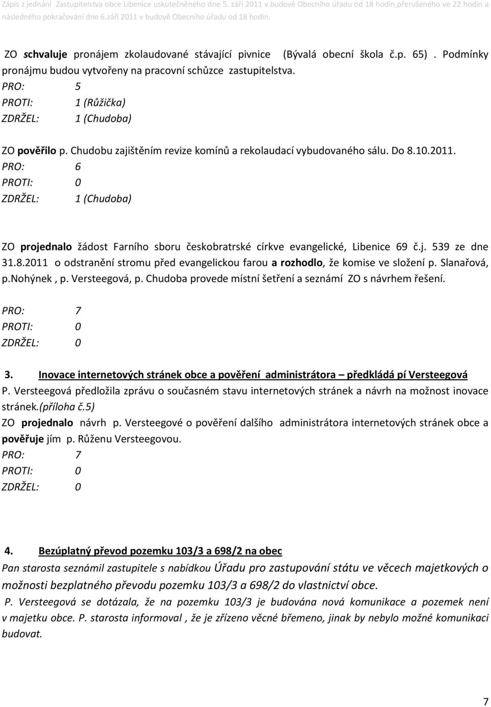 ZDRŽEL: 1 (Chudoba) ZO projednalo žádost Farního sboru českobratrské církve evangelické, Libenice 69 č.j. 539 ze dne 31.8.