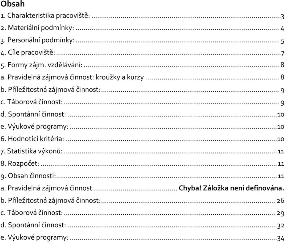 Výukové programy:... 10 6. Hodnotící kritéria:... 10 7. Statistika výkonů:... 11 8. Rozpočet:... 11 9. Obsah činnosti:... 11 a.