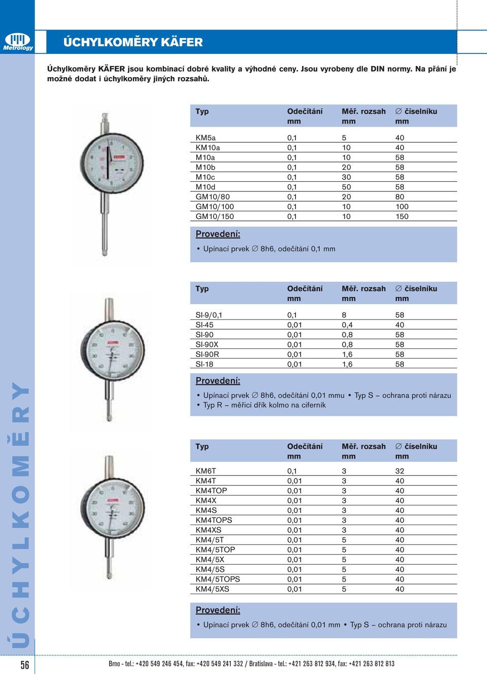 SI-9/0,1 0,1 8 58 SI-45 0,01 0,4 40 SI-90 0,01 0,8 58 SI-90X 0,01 0,8 58 SI-90R 0,01 1,6 58 SI-18 0,01 1,6 58 Upínací prvek 8h6, odečítání 0,01 mmu Typ S ochrana proti nárazu Typ R měřicí dřík kolmo