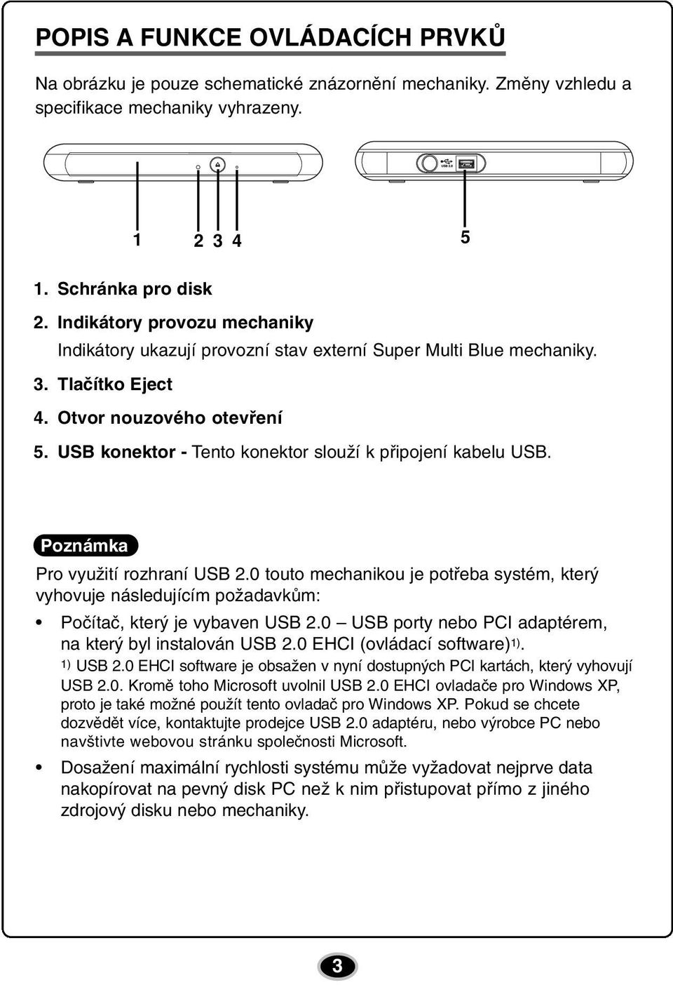 USB konektor - Tento konektor slouží k připojení kabelu USB. Poznámka Pro využití rozhraní USB 2.