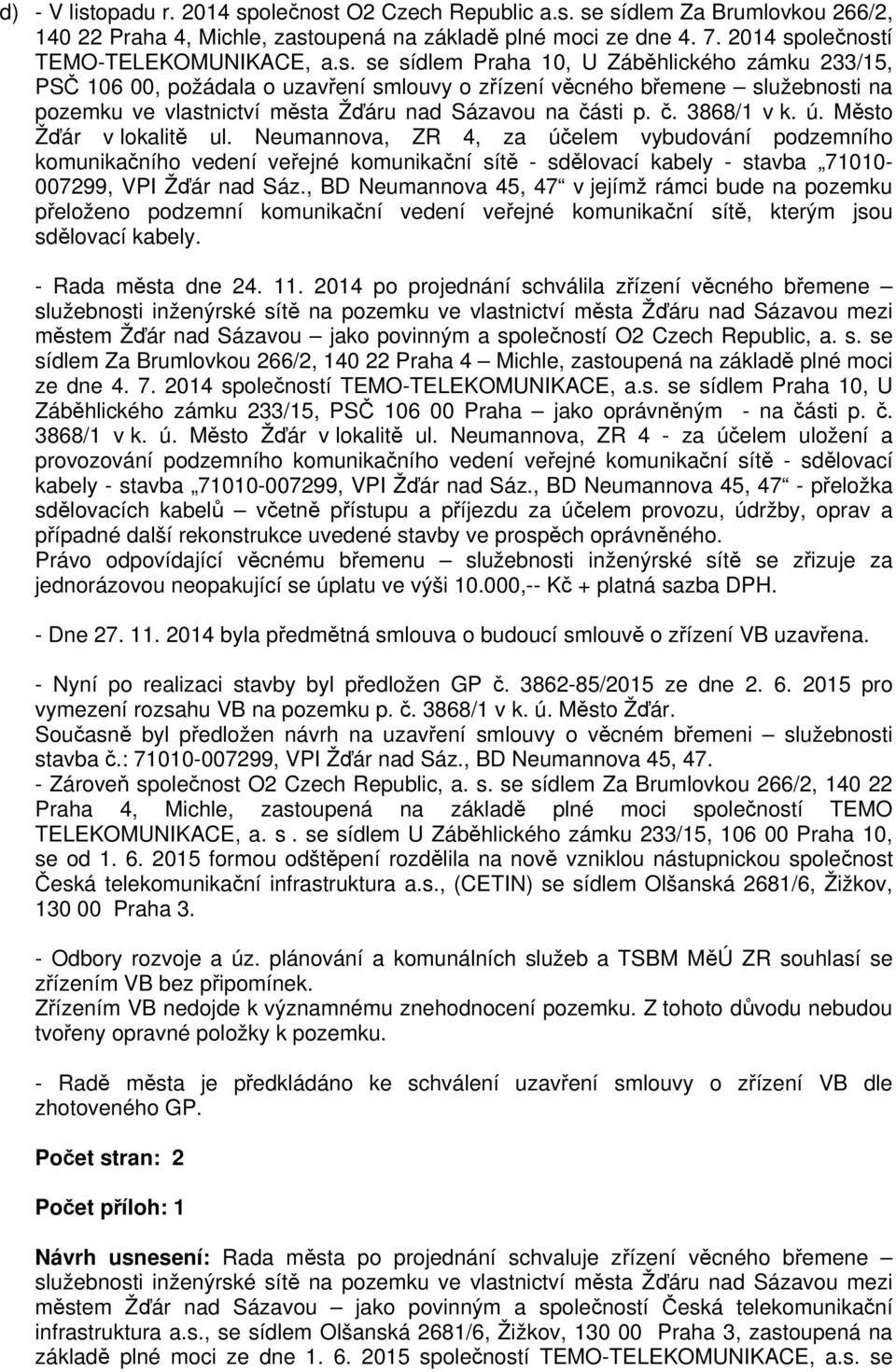 ú. Město Žďár v lokalitě ul. Neumannova, ZR 4, za účelem vybudování podzemního komunikačního vedení veřejné komunikační sítě - sdělovací kabely - stavba 71010-007299, VPI Žďár nad Sáz.
