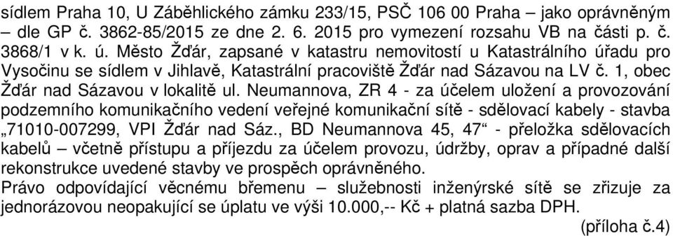 Neumannova, ZR 4 - za účelem uložení a provozování podzemního komunikačního vedení veřejné komunikační sítě - sdělovací kabely - stavba 71010-007299, VPI Žďár nad Sáz.