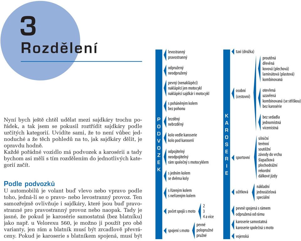 pokusil roztřídit sajdkáry podle určitých kategorií. Uvidíte sami, že to není vůbec jednoduché a že těch pohledů na to, jak sajdkáry dělit, je opravdu hodně.