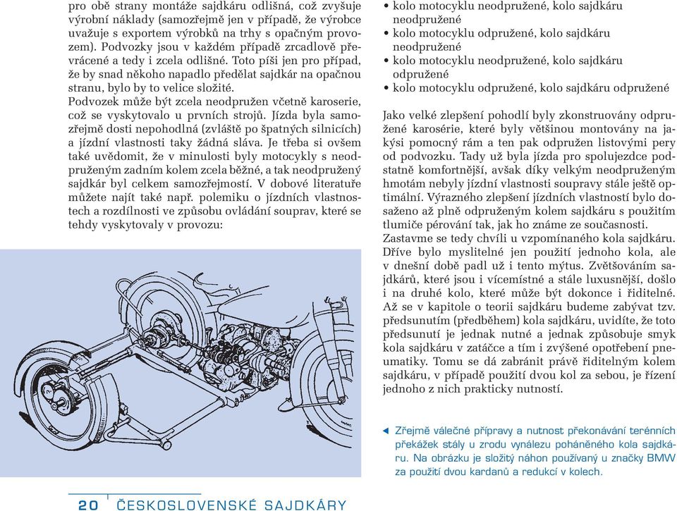 Podvozek může být zcela neodpružen včetně karoserie, což se vyskytovalo u prvních strojů. Jízda byla samozřejmě dosti nepohodlná (zvláště po špatných silnicích) a jízdní vlastnosti taky žádná sláva.