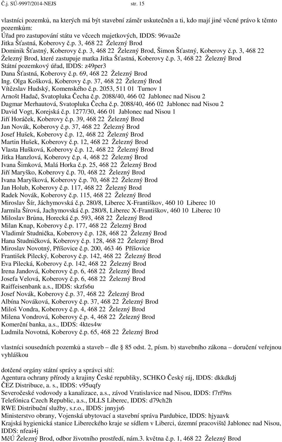 Koberovy č.p. 3, 468 22 Železný Brod Dominik Šťastný, Koberovy č.p. 3, 468 22 Železný Brod, Šimon Šťastný, Koberovy č.p. 3, 468 22 Železný Brod, které zastupuje matka Jitka Šťastná, Koberovy č.p. 3, 468 22 Železný Brod Státní pozemkový úřad, IDDS: z49per3 Dana Šťastná, Koberovy č.