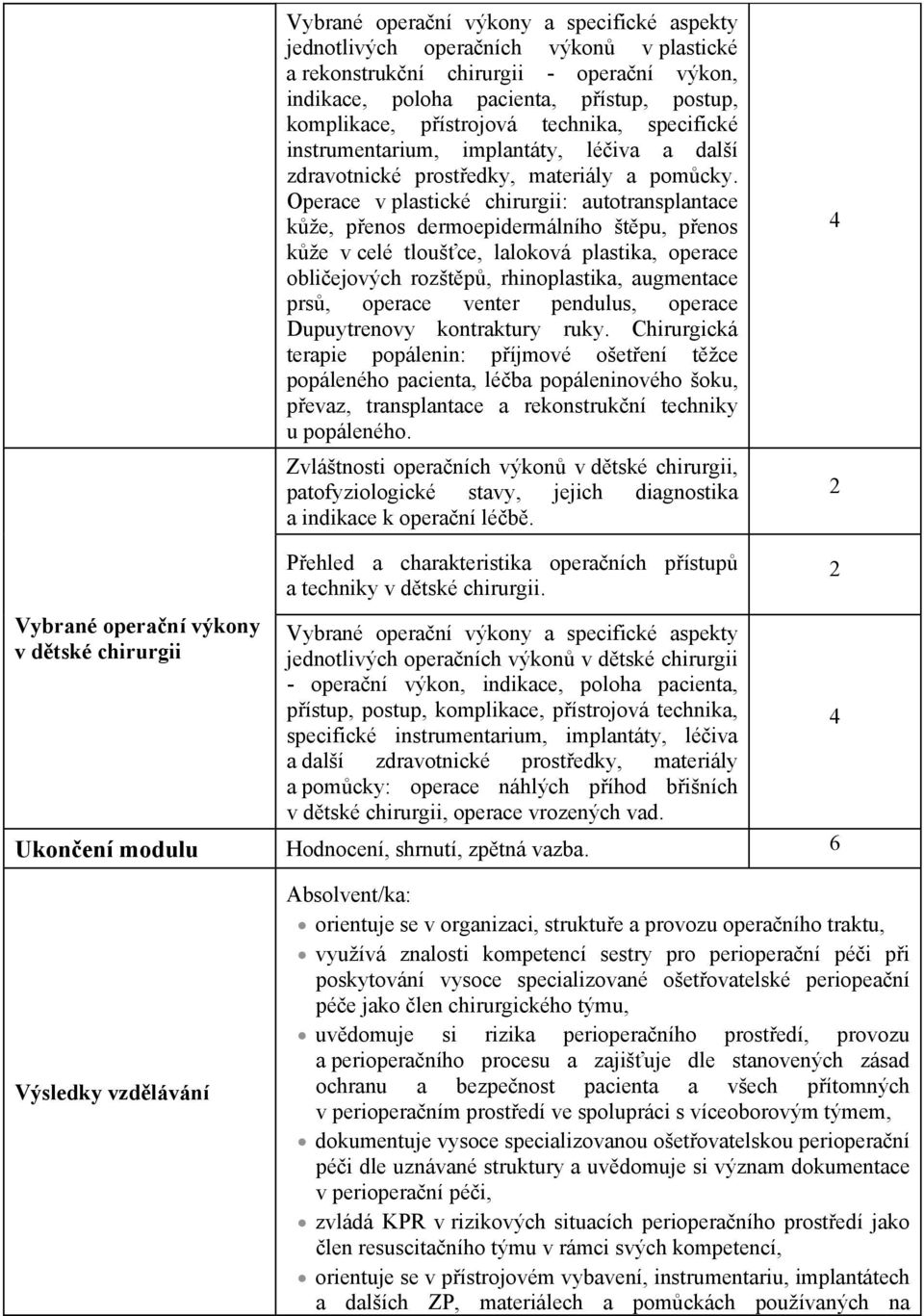 Operace v plastické chirurgii: autotransplantace kže, penos dermoepidermálního štpu, penos kže v celé tloušce, laloková plastika, operace obliejových rozštp, rhinoplastika, augmentace prs, operace