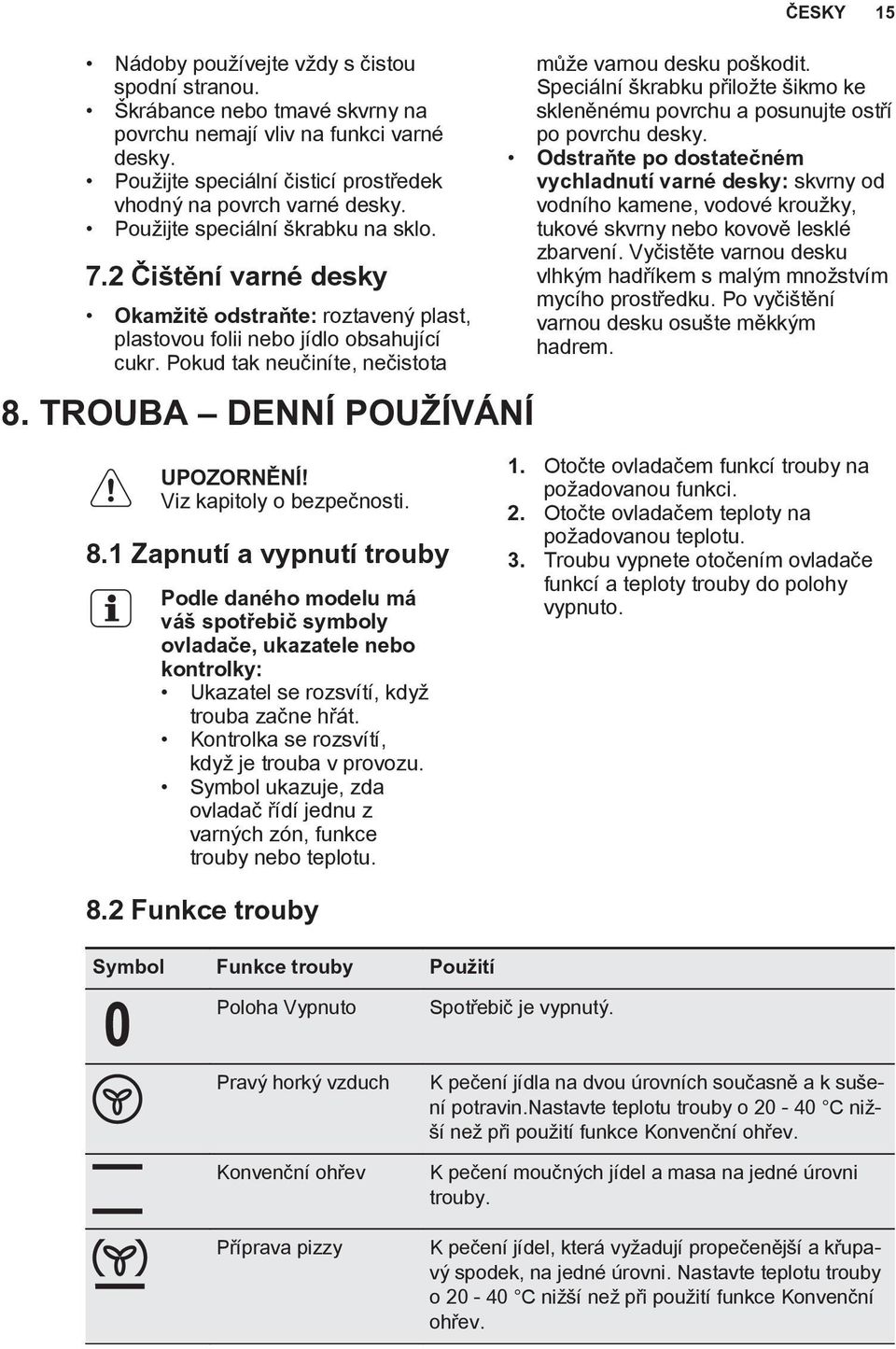 TROUBA DENNÍ POUŽÍVÁNÍ ČESKY 15 může varnou desku poškodit. Speciální škrabku přiložte šikmo ke skleněnému povrchu a posunujte ostří po povrchu desky.