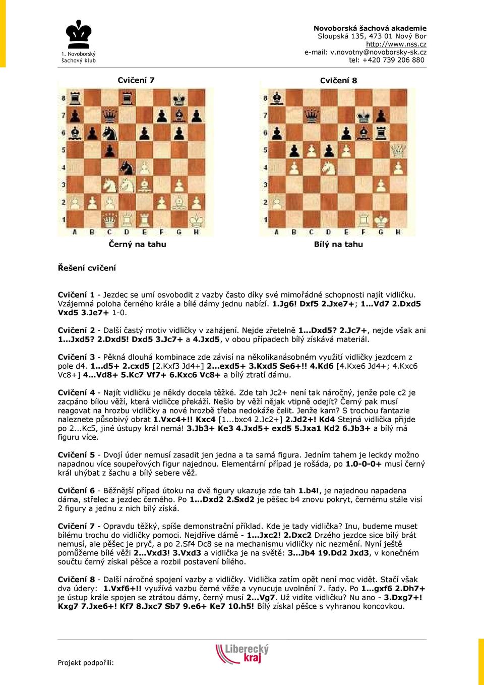 Jxd5, v obou případech bílý získává materiál. Cvičení 3 - Pěkná dlouhá kombinace zde závisí na několikanásobném využití vidličky jezdcem z pole d4. 1...d5+ 2.cxd5 [2.Kxf3 Jd4+] 2...exd5+ 3.Kxd5 Se6+!