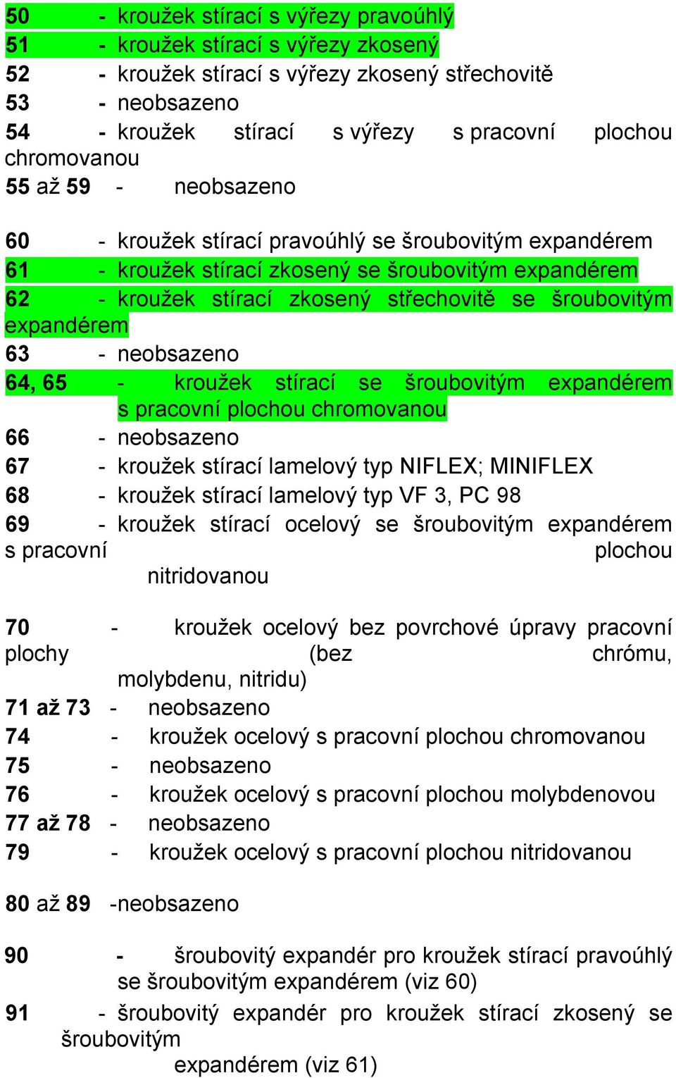 plochou chromovanou 66 - neobsazeno 67 - kroužek stírací lamelový typ NIFLEX; MINIFLEX 68 - kroužek stírací lamelový typ VF 3, PC 98 69 - kroužek stírací ocelový se s pracovní plochou nitridovanou 70