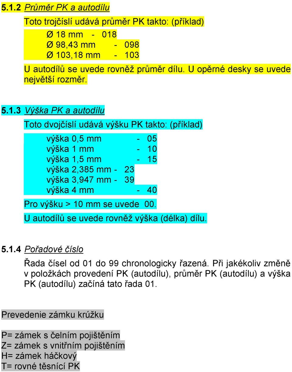 3 Výška PK a autodílu Toto dvojčíslí udává výšku PK takto: (příklad) výška 0,5 mm - 05 výška 1 mm - 10 výška 1,5 mm - 15 výška 2,385 mm - 23 výška 3,947 mm - 39 výška 4 mm - 40 Pro výšku > 10