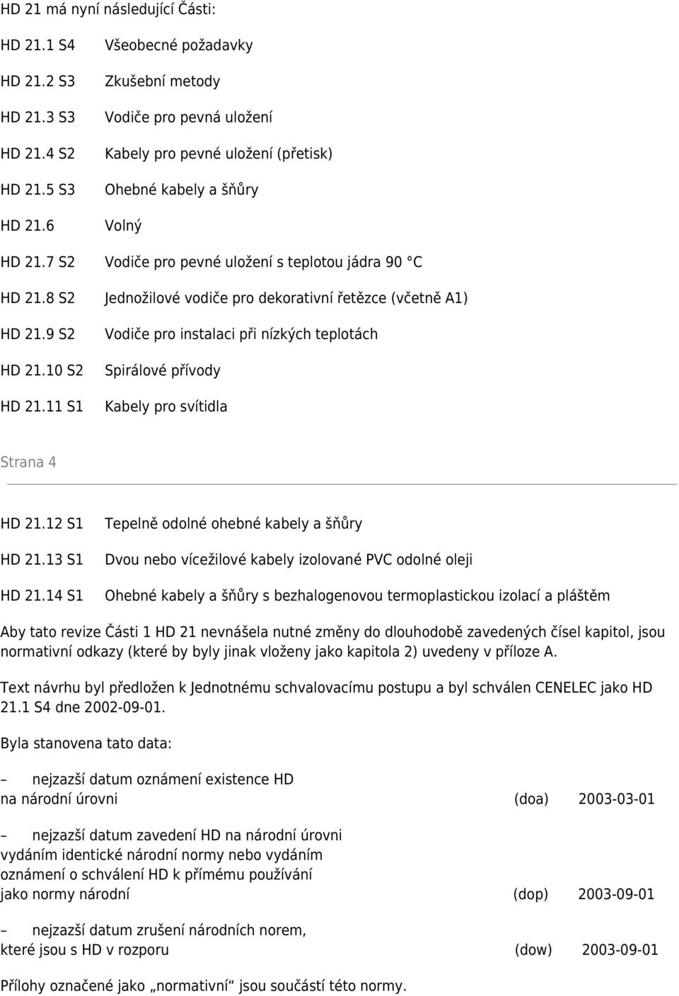 8 S2 Jednožilové vodiče pro dekorativní řetězce (včetně A1) HD 21.9 S2 HD 21.10 S2 HD 21.11 S1 Vodiče pro instalaci při nízkých teplotách Spirálové přívody Kabely pro svítidla Strana 4 HD 21.