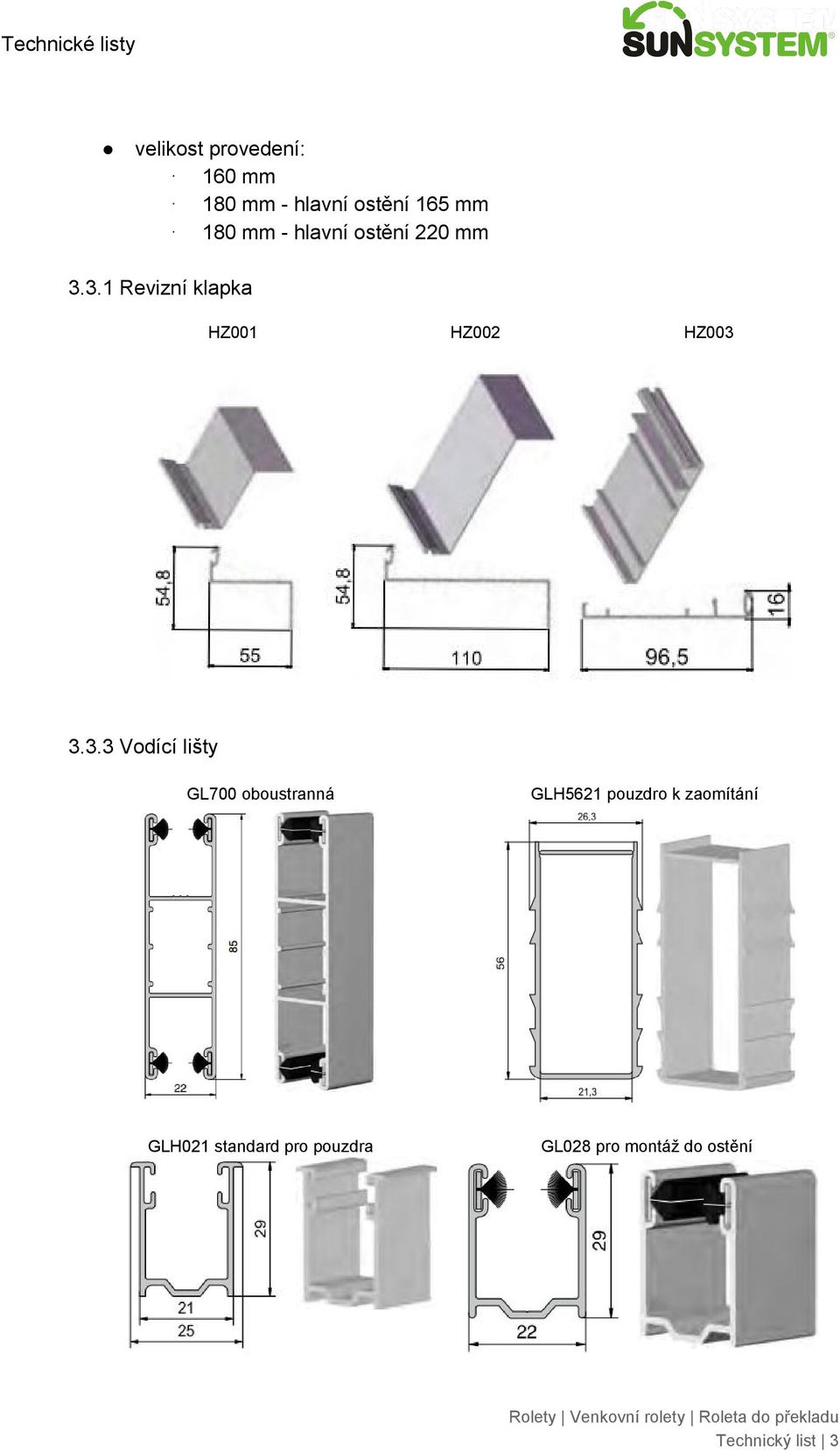 3.1 Revizní klapka HZ001 HZ002 HZ003 3.3.3 Vodící lišty GL700