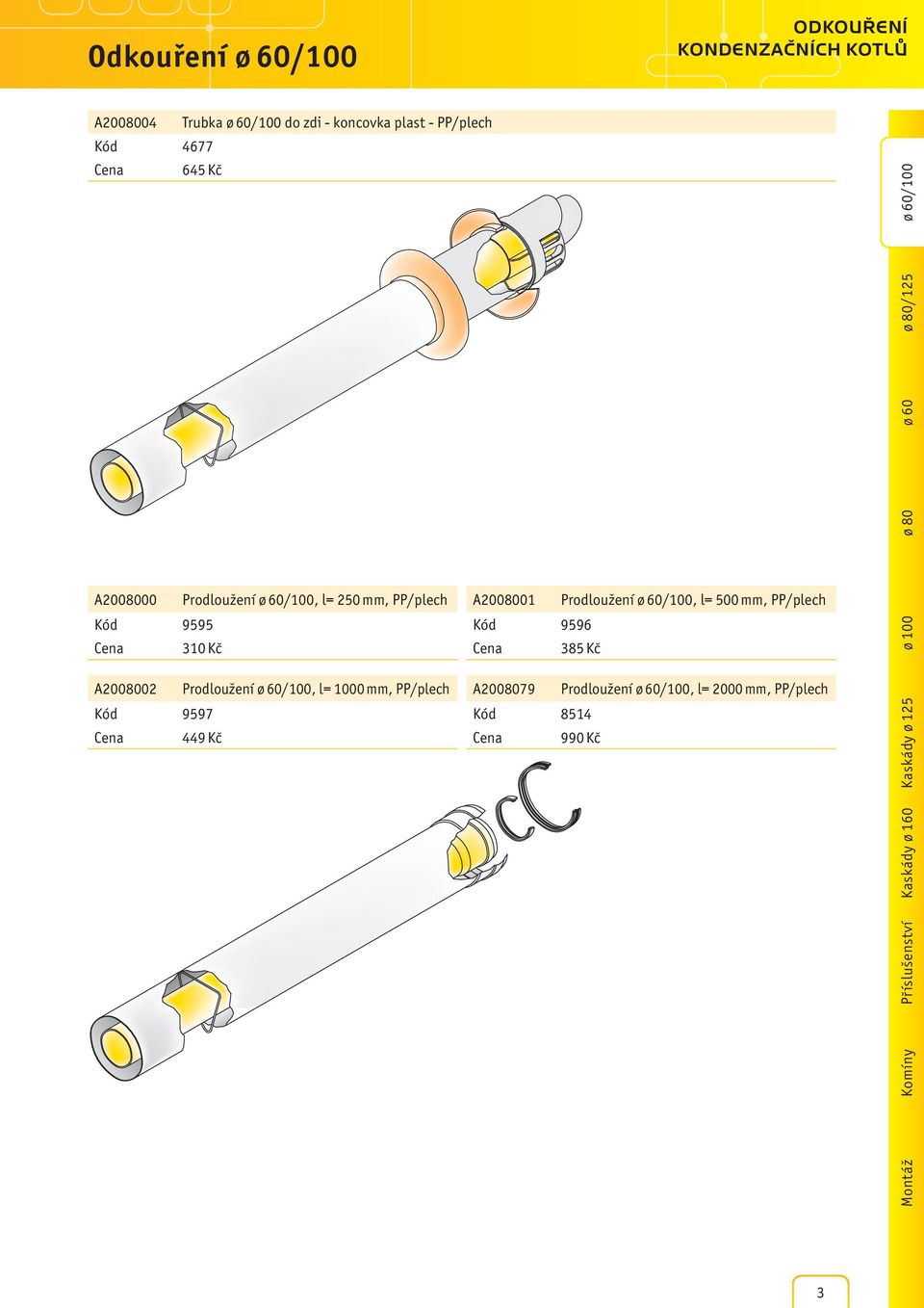Kód 9597 449 Kč A2008001 Prodloužení ø 60/100, l= 500 mm, PP/plech Kód 9596 385 Kč A2008079 Prodloužení ø 60/100, l=