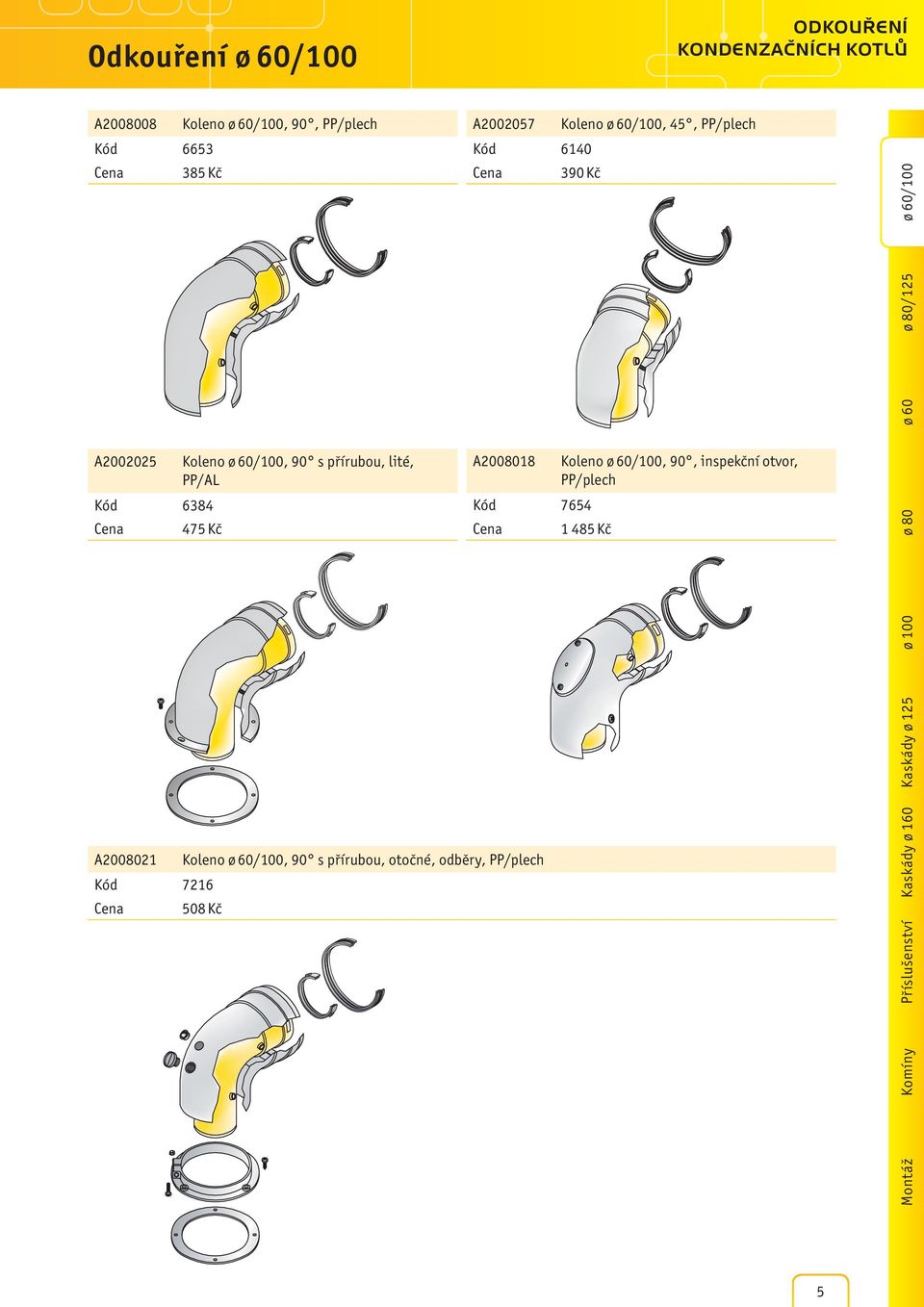 Kód 7216 508 Kč A2002057 Koleno ø 60/100, 45, PP/plech Kód 6140 390 Kč A2008018 Koleno ø 60/100, 90, inspekční