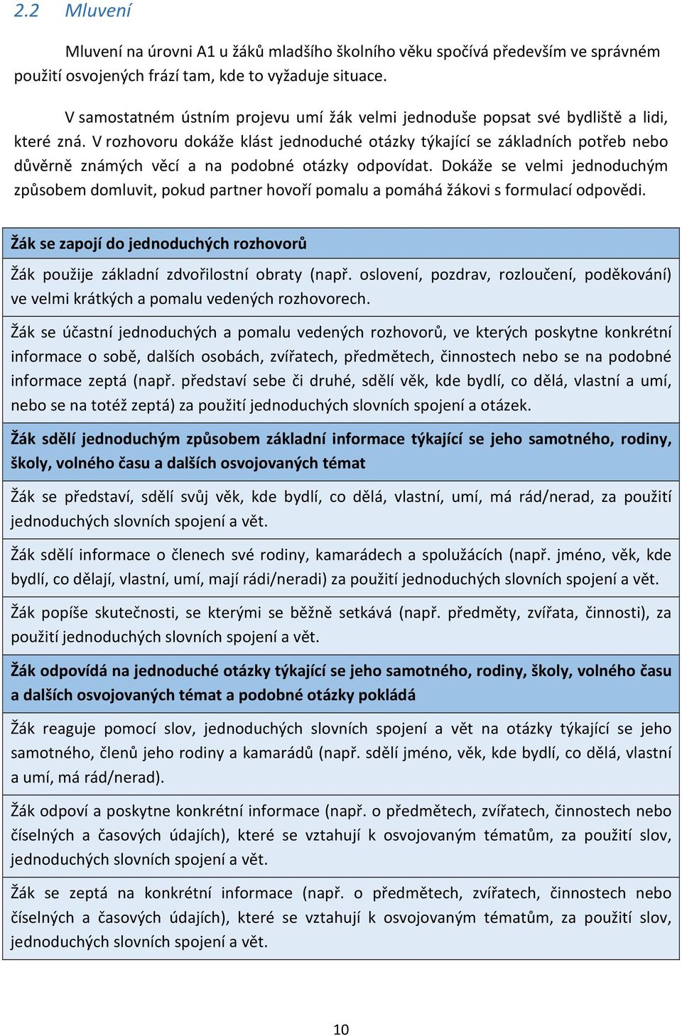 V rozhovoru dokáže klást jednoduché otázky týkající se základních potřeb nebo důvěrně známých věcí a na podobné otázky odpovídat.