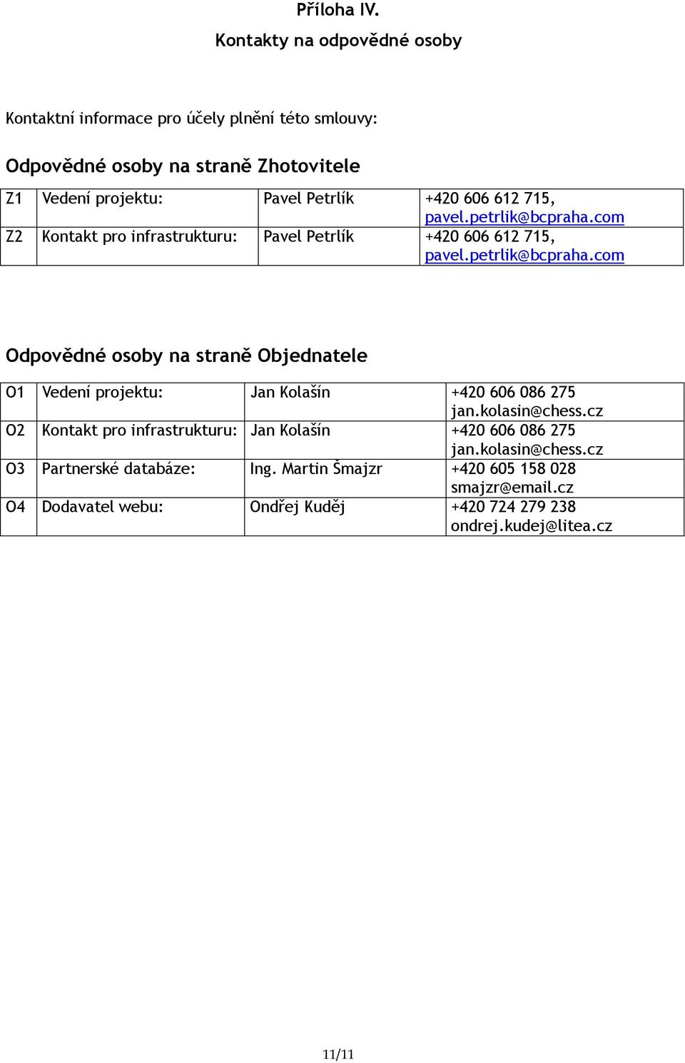 612 715, pavel.petrlik@bcpraha.com Z2 Kontakt pro infrastrukturu: Pavel Petrlík +420 606 612 715, pavel.petrlik@bcpraha.com Odpovědné osoby na straně Objednatele O1 Vedení projektu: Jan Kolašín +420 606 086 275 jan.