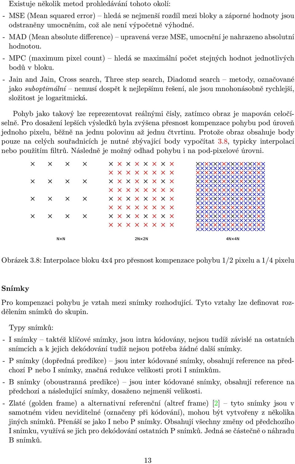 - Jain and Jain, Cross search, Three step search, Diadomd search metody, označované jako suboptimální nemusí dospět k nejlepšímu řešení, ale jsou mnohonásobně rychlejší, složitost je logaritmická.