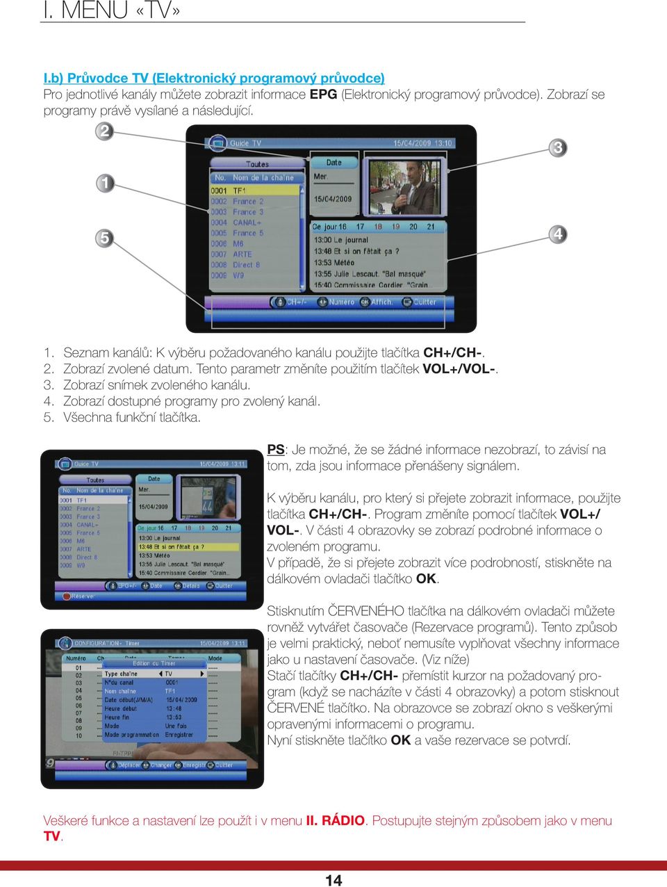 Tento parametr změníte použitím tlačítek VOL+/VOL-. 3. Zobrazí snímek zvoleného kanálu. 4. Zobrazí dostupné programy pro zvolený kanál. 5. Všechna funkční tlačítka.