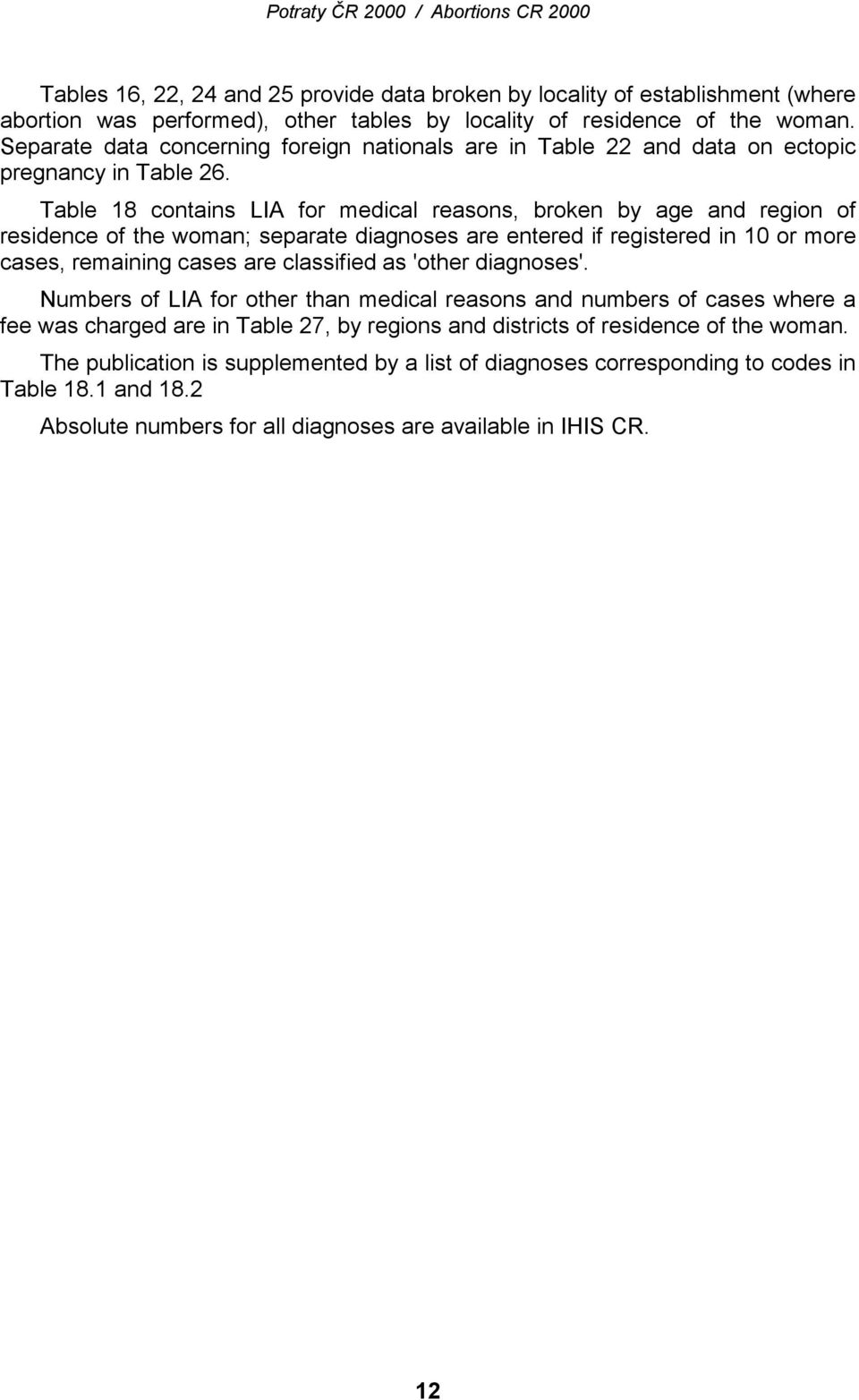 Table 18 contains LIA for medical reasons, broken by age and region of residence of the woman; separate diagnoses are entered if registered in 10 or more cases, remaining cases are classified as